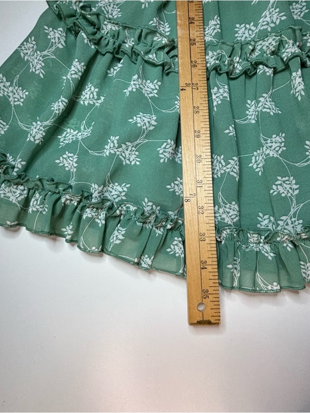 Aura Floral Ruffle Mini Dress Sage Green Boho Open Back Long Sleeve Large - Picture 15 of 15